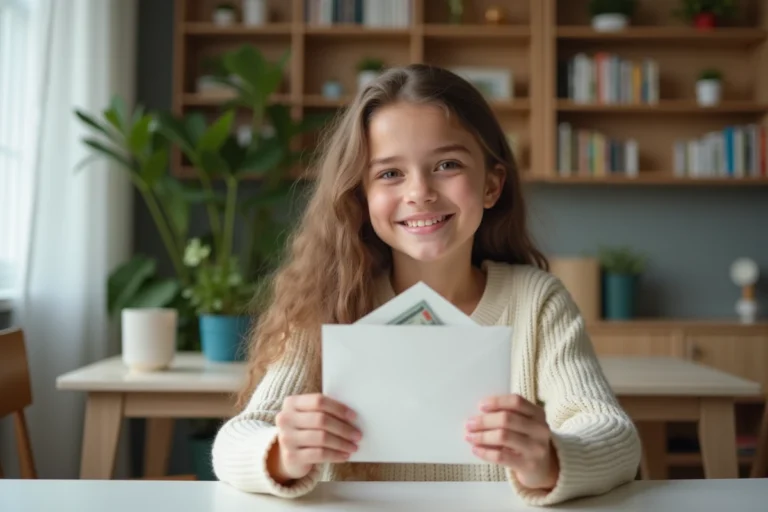 Jeune fille souriante avec enveloppe et carte anniversaire