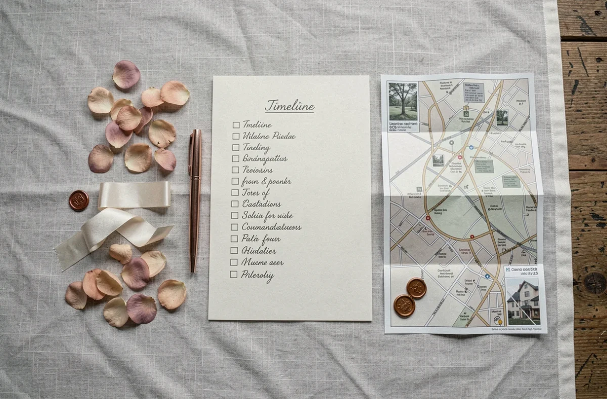 Flat lay d'organisation de mariage avec checklist manuscrite, échantillons de rubans et pétales séchés sur lin