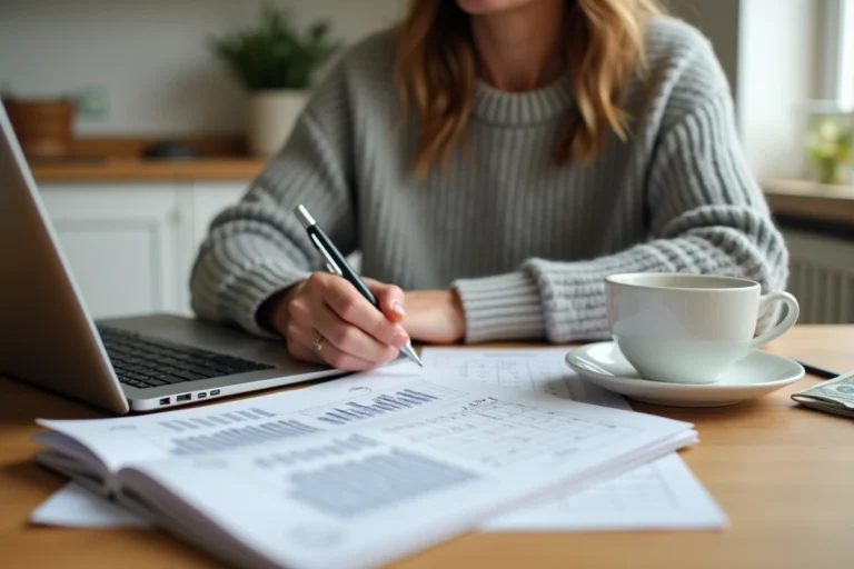 Femme gérant son budget personnel sur un ordinateur portable avec un carnet de notes et des factures sur une table en bois