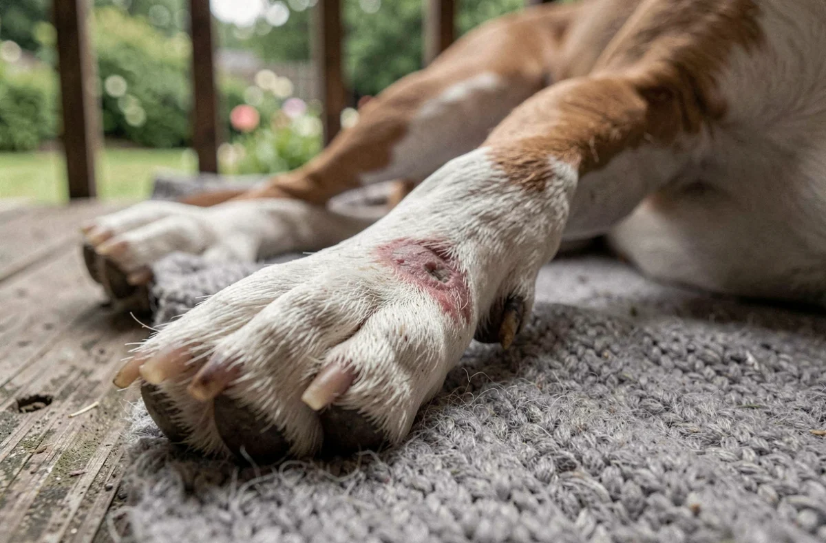 Gros plan sur l'ergot irrité d'un beagle reposant sur une couverture en laine grise