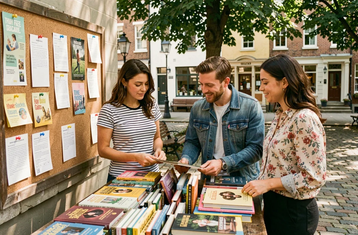 Groupe de personnes explorant des livres et activités gratuites dans une bibliothèque de rue communautaire