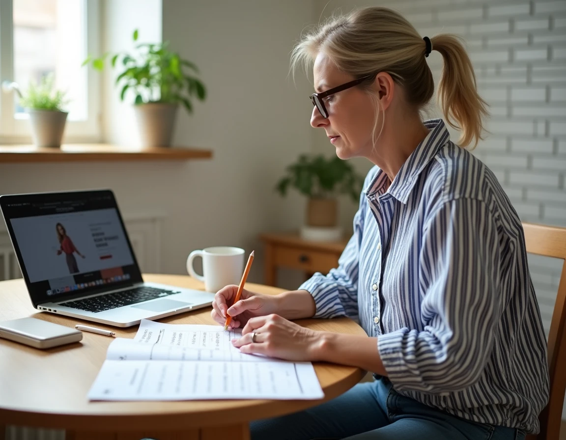 Femme consultant un guide des tailles de vêtements femme à la maison avec un ordinateur portable