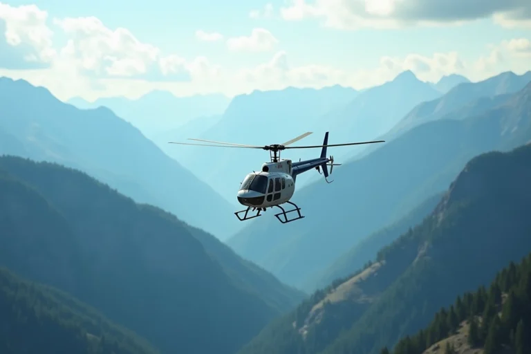 Hélicoptère civil en vol au-dessus d'un paysage montagneux illustrant l'autonomie et les limites de vol
