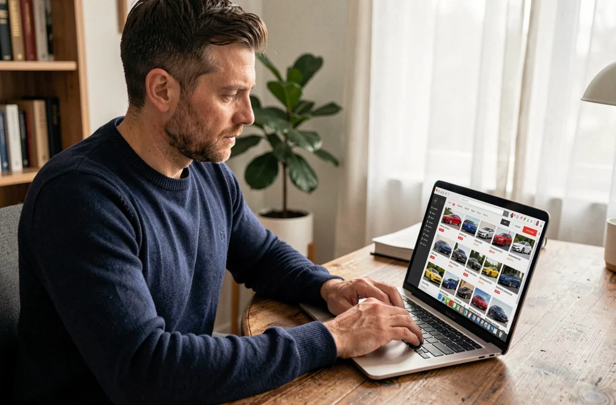 Homme consultant le site Clic Auto sur un ordinateur portable dans un bureau à domicile pour acheter une voiture en ligne