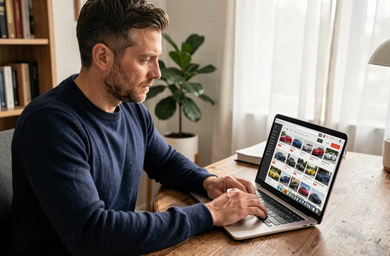 Homme consultant le site Clic Auto sur un ordinateur portable dans un bureau à domicile pour acheter une voiture en ligne