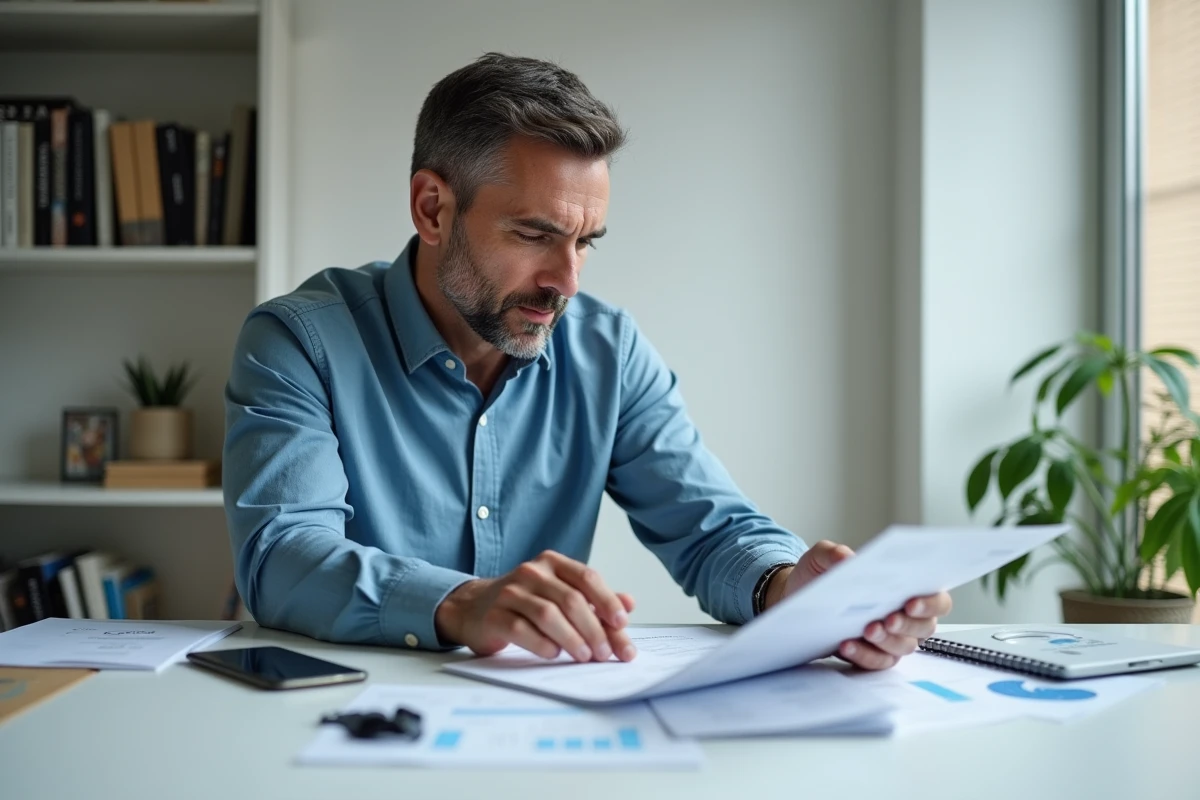 Homme consultant des relevés bancaires et documents financiers dans un bureau à domicile moderne et minimaliste