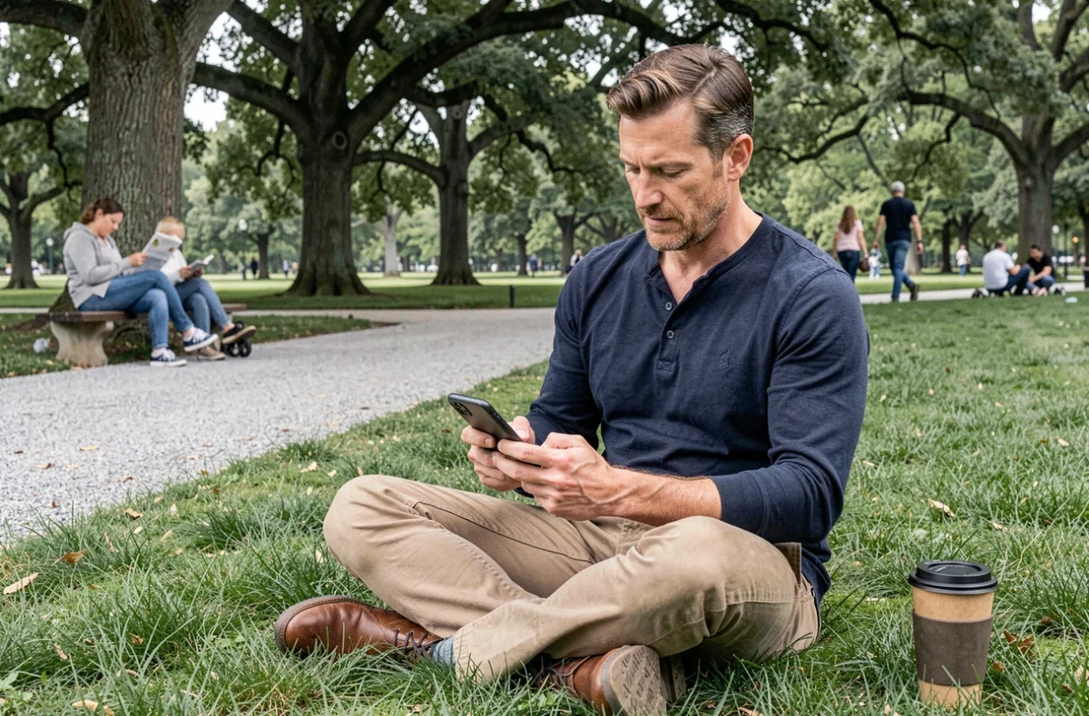 Homme consultant une application de loisirs locaux dans un parc public pour trouver des activités gratuites