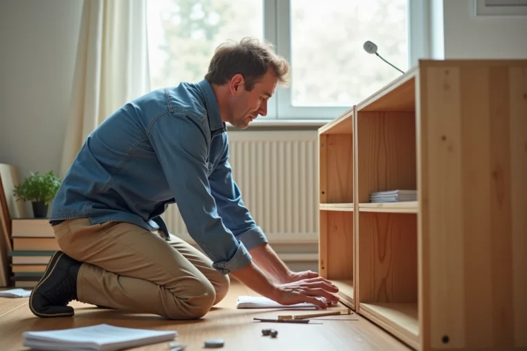 Homme moyenâgeux assemble un meuble en bois dans un salon lumineux