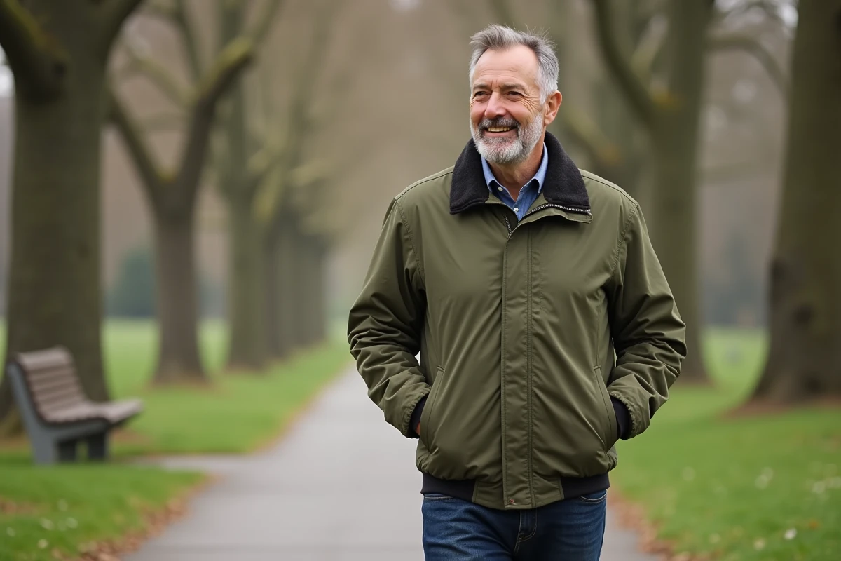 Homme marche dans un parc au printemps