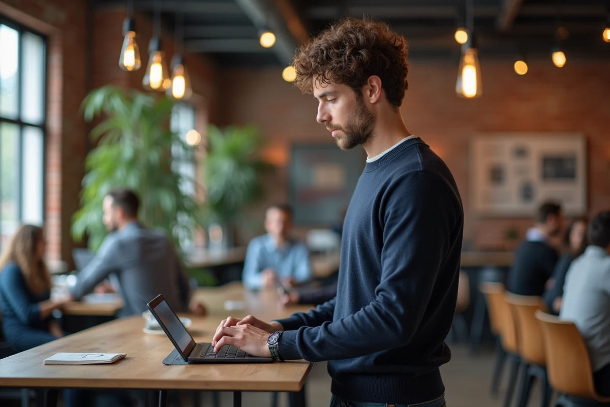 Jeune homme en espace de coworking suivant un cours numérique sur tablette pour booster ses compétences professionnelles