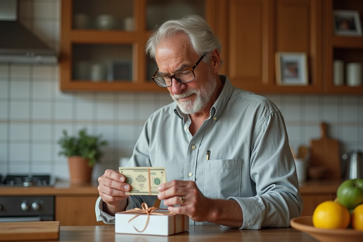 Homme d age offrant un cadeau dans la cuisine chaleureuse