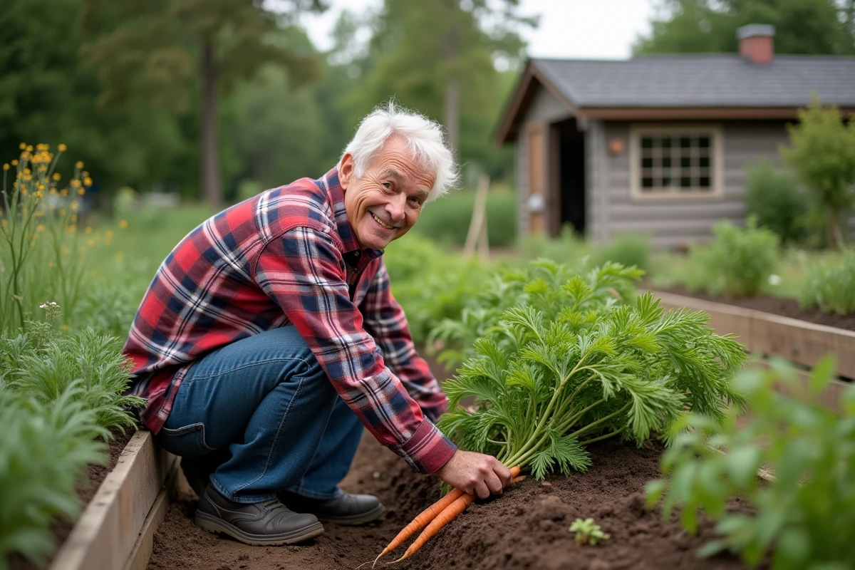 Homme récoltant des carottes dans un potager communautaire