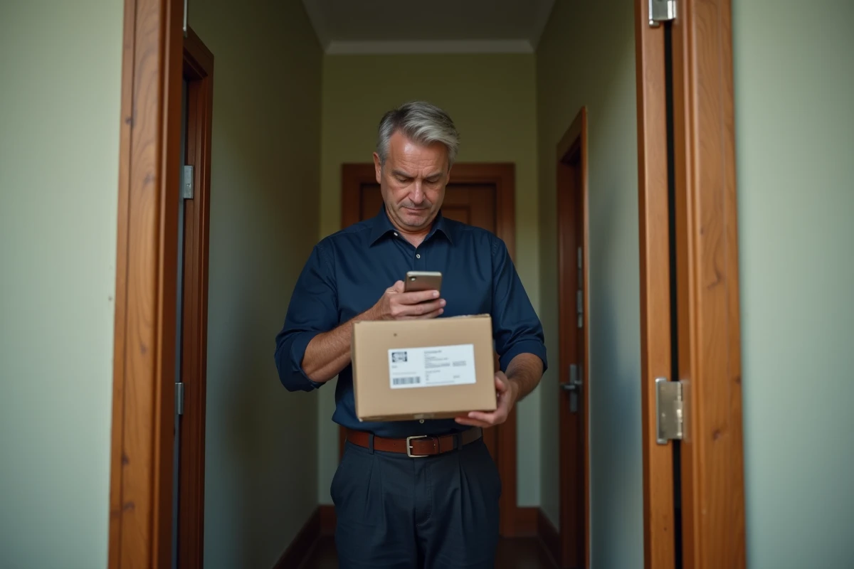 Homme réceptionne un colis dans un couloir résidentiel