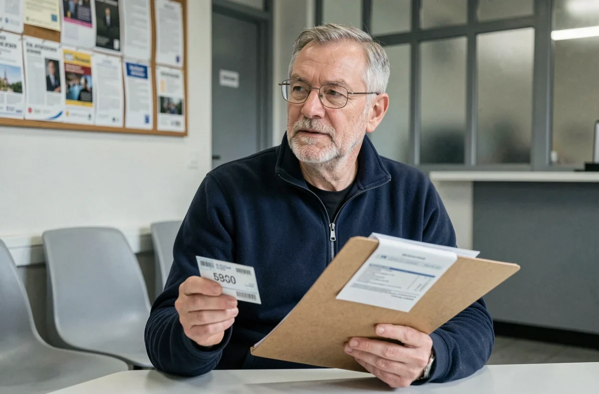Homme senior en salle d'attente administrative tenant un dossier de documents pour le Pass Navigo senior