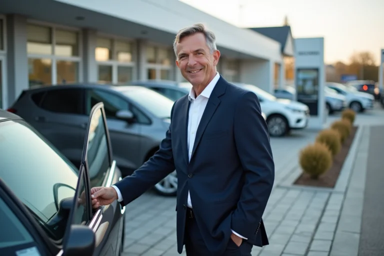 Homme souriant fermant la porte d'une voiture compacte