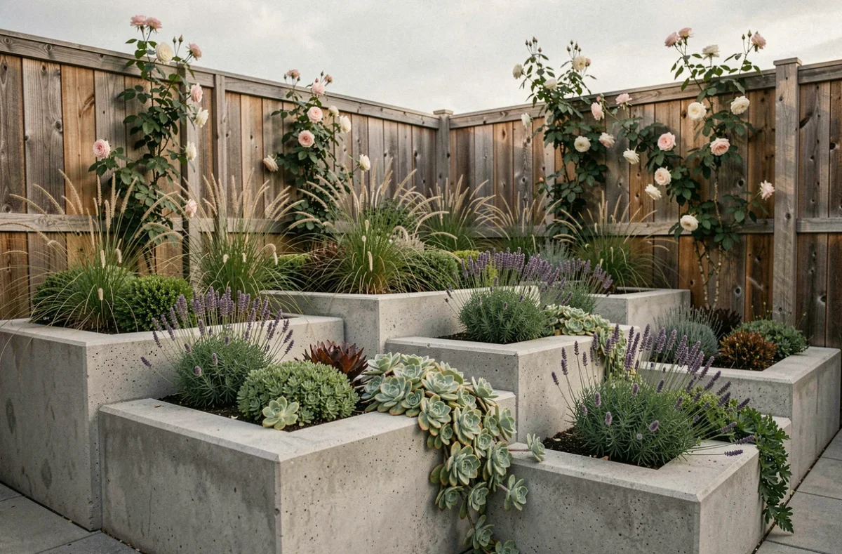 Terrasse de jardin tendance avec jardinières en béton géométriques, graminées ornementales et lavande, décoration végétale moderne et originale