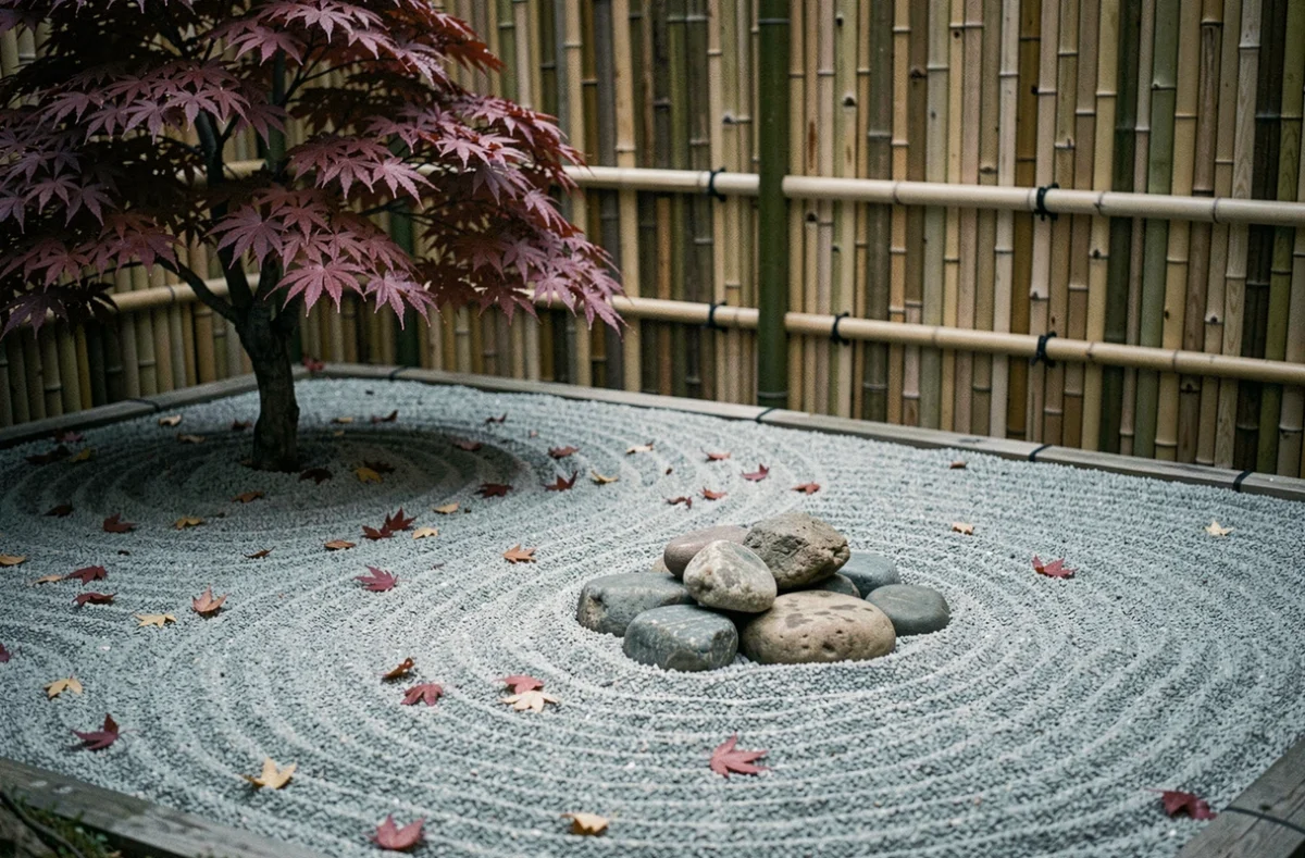 Jardin zen japonais avec graviers ratissés, pierres naturelles et érable du Japon, idées originales pour aménager un espace extérieur tendance