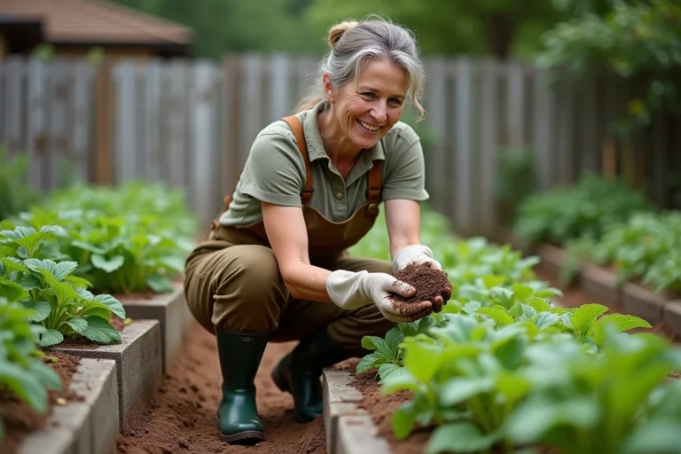 Femme en tenue de jardinage épandant compost dans le jardin