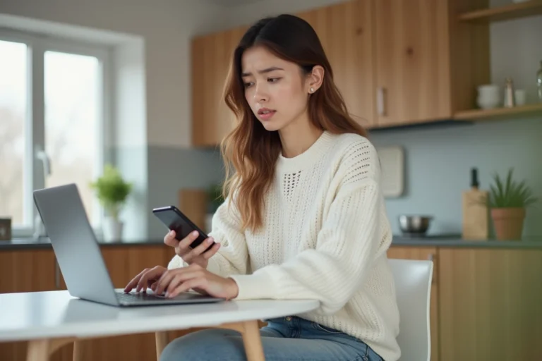 Jeune femme en cuisine avec ordinateur et smartphone