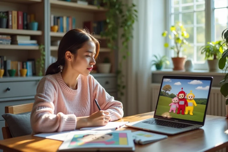 Jeune femme curieuse prenant des notes avec images de Teletubbies