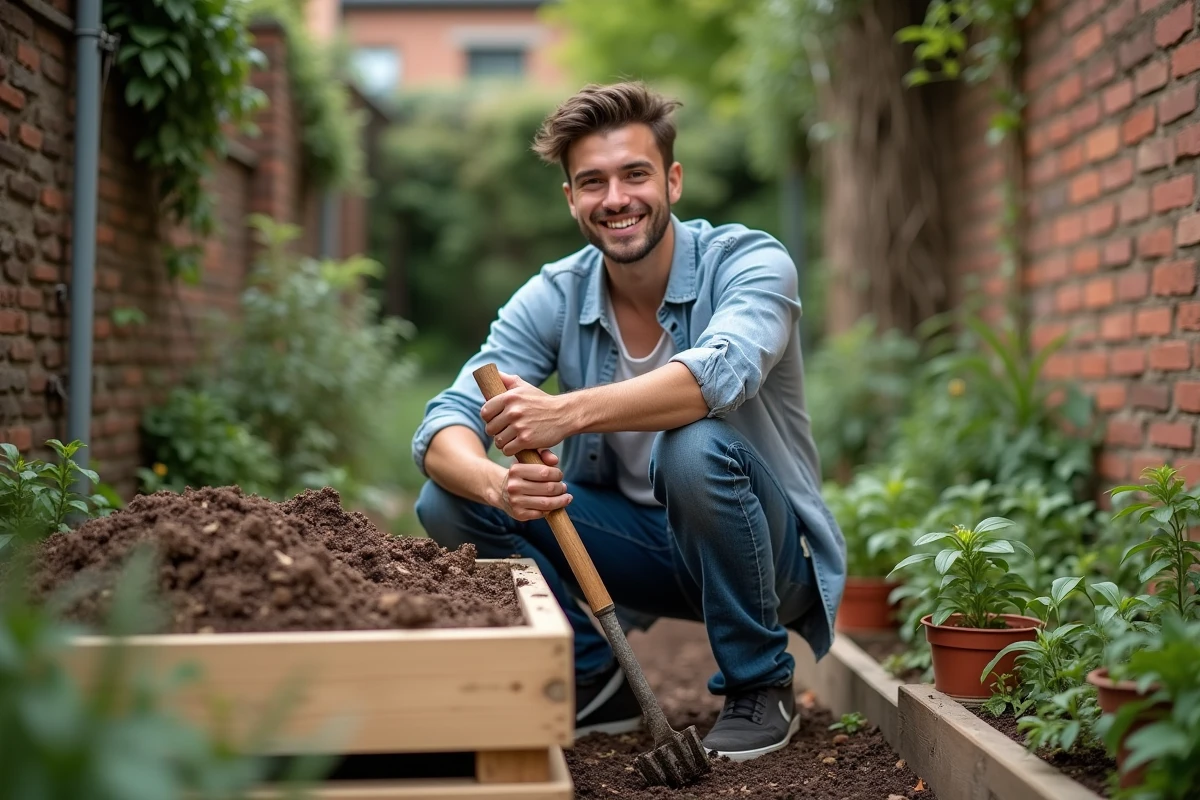 Jeune homme tournant le compost dans un jardin urbain