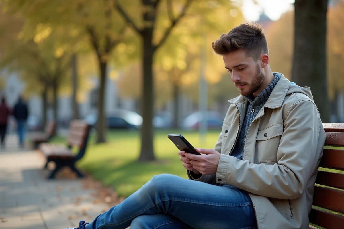 Jeune homme assis sur un banc dans un parc urbain