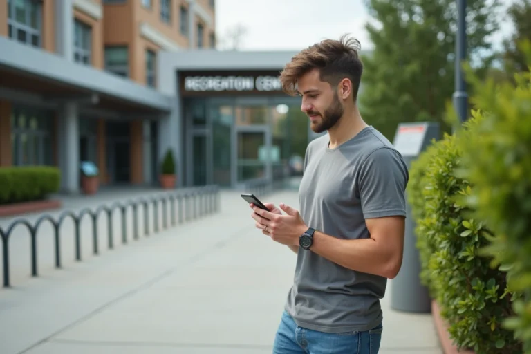 Jeune homme avec smartphone devant centre recreation