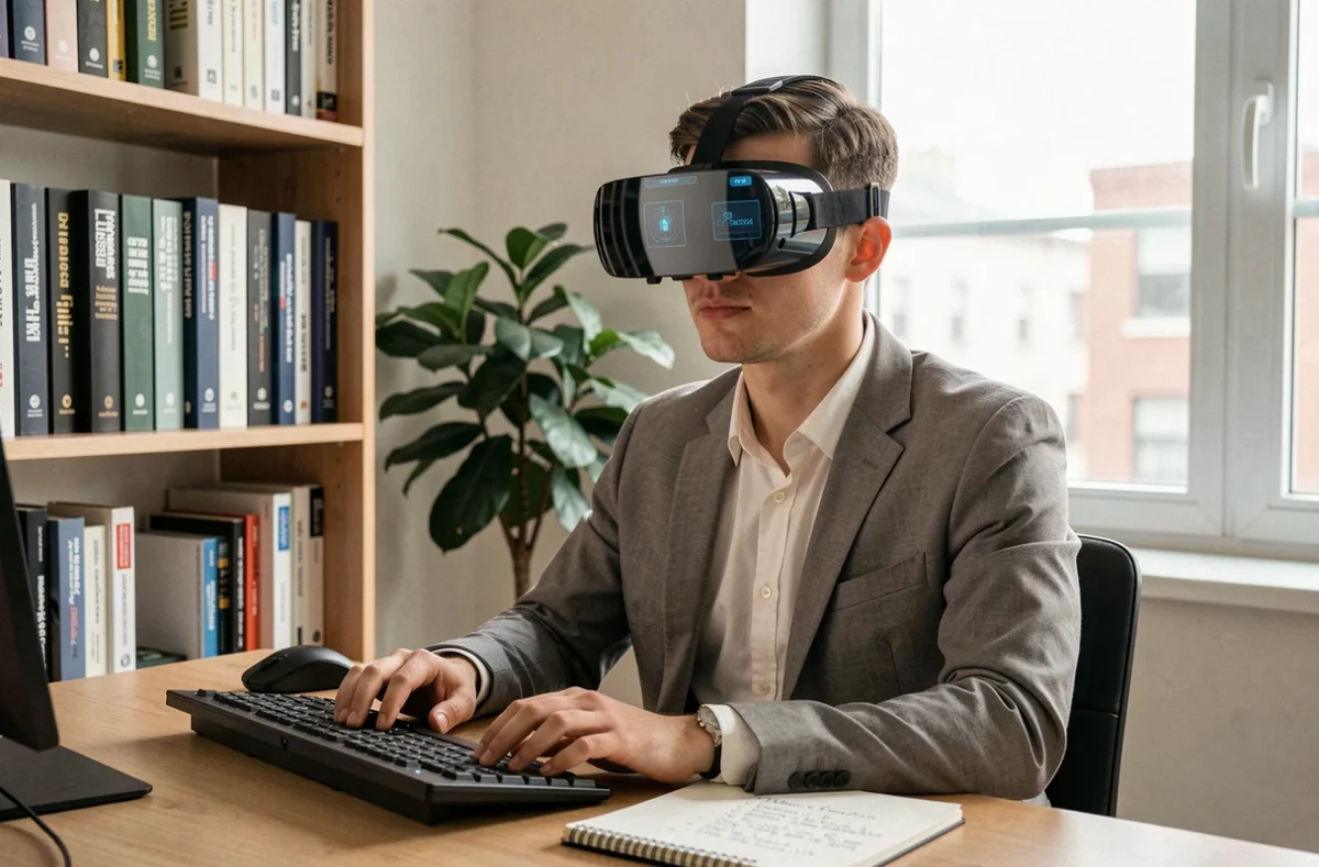 Jeune professionnel portant un casque VR dans un bureau à domicile, participant à une formation professionnelle en ligne en réalité virtuelle