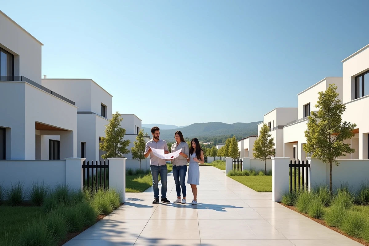 Famille visitant un lotissement résidentiel moderne en périphérie de Béziers avec vue sur les collines du Languedoc