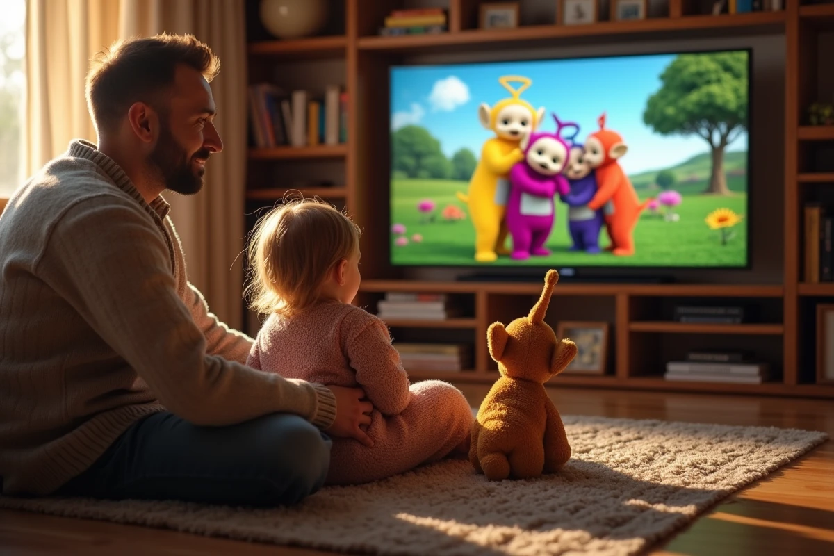 Père et fille regardant Teletubbies dans un salon chaleureux