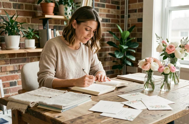 Femme planifiant un mariage avec un carnet de notes et des échantillons floraux sur un bureau en bois rustique