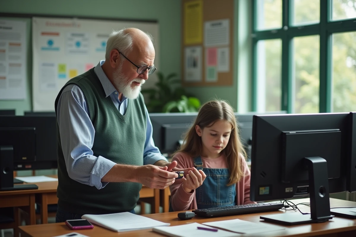 Professeur montre comment transferer musique à un élève en classe