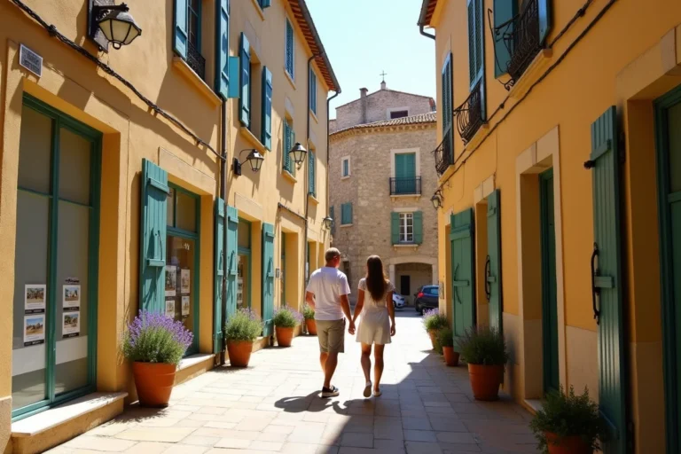 Couple découvrant des annonces immobilières dans une rue pittoresque du centre historique de Béziers avec vue sur la cathédrale