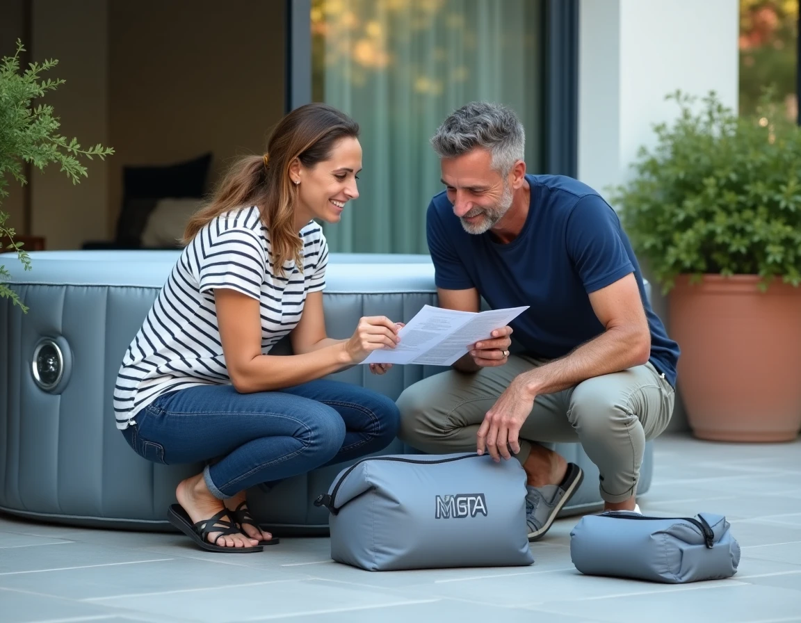 Couple consultant le manuel d'instructions pour ranger un spa gonflable MSPA Lite dégonflé sur un patio carrelé avec sac de rangement ouvert
