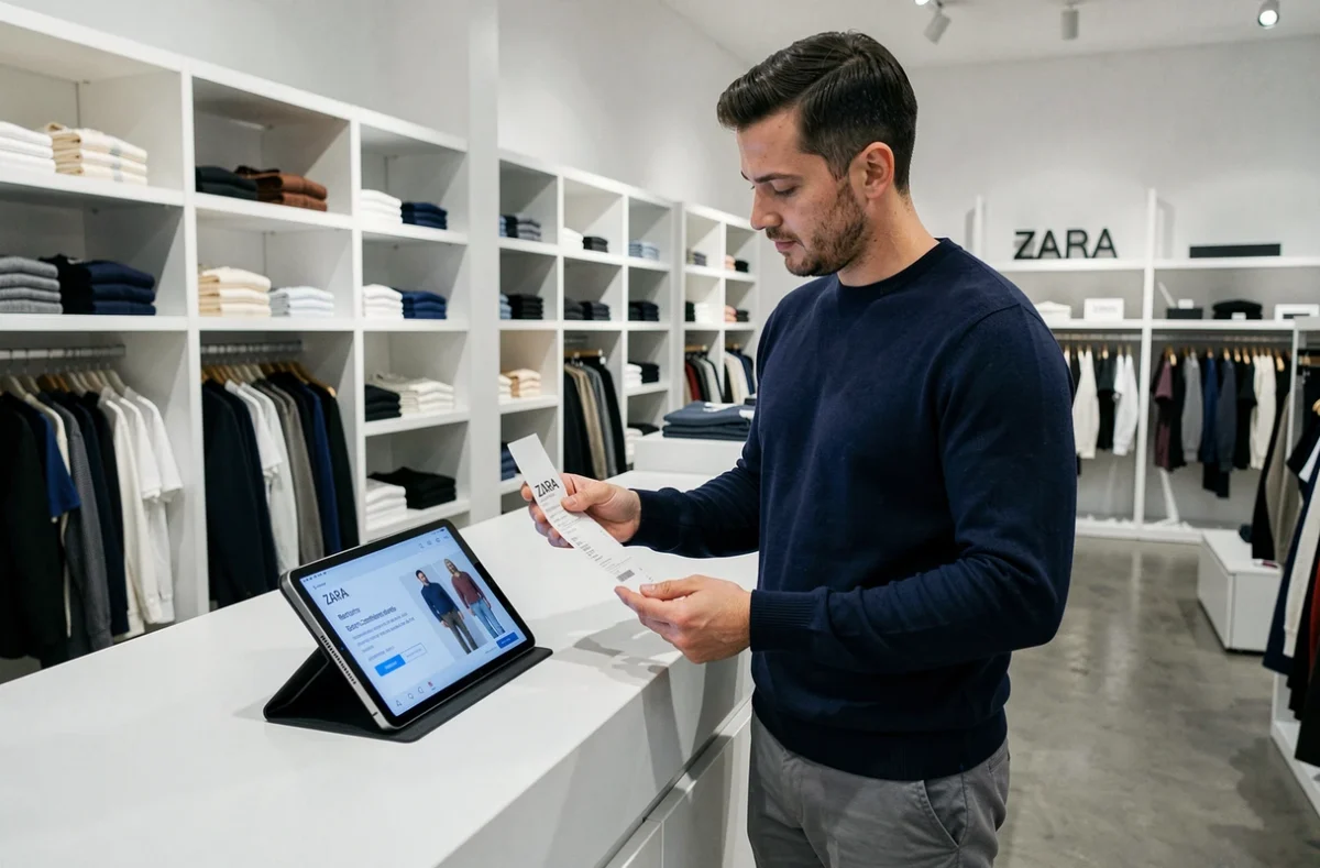 Client masculin effectuant un remboursement Zara en magasin avec une tablette et un reçu