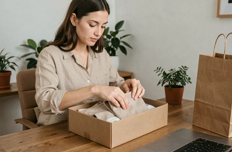 Jeune femme préparant un colis de retour Zara sur un bureau en bois à la maison
