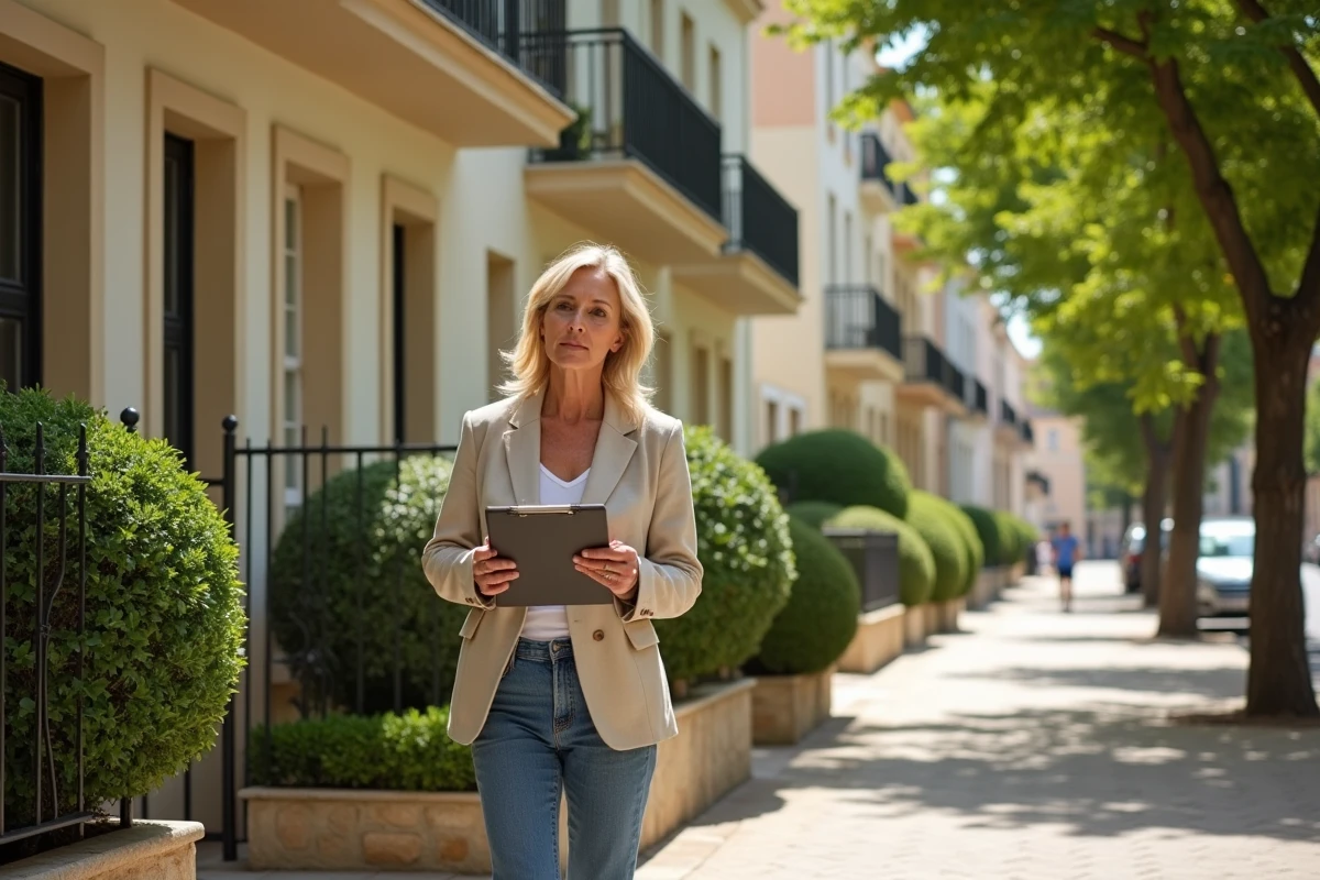 Femme agent immobilier inspectant une rue résidentielle de maisons de caractère à Béziers