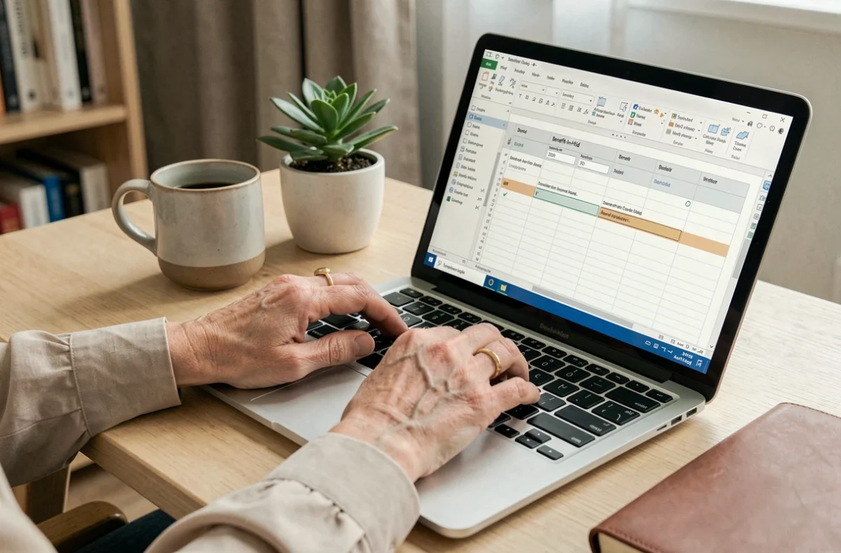Mains d'une professionnelle saisissant des données d'avantages en nature dans un logiciel de comptabilité en télétravail