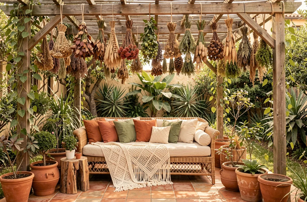 Salon de jardin bohème avec daybed en rotin, pergola bois et coussins terracotta, idées déco pour aménager un jardin tendance et chaleureux