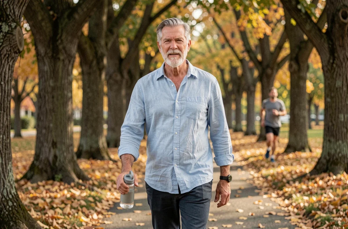 Un homme senior actif se promenant dans un parc en automne, illustrant la vitalité grâce aux compléments pour seniors