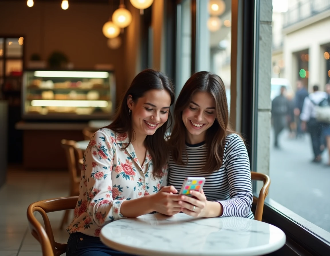 Deux amies découvrant des tendances mode ensemble sur smartphone dans un café parisien