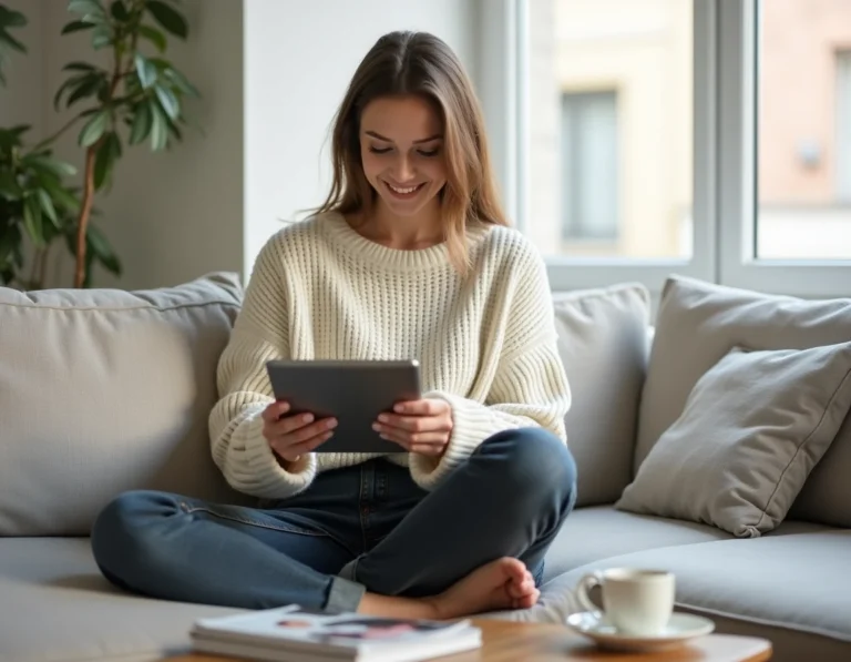 Femme faisant du shopping en ligne sur une tablette dans un salon cosy et moderne