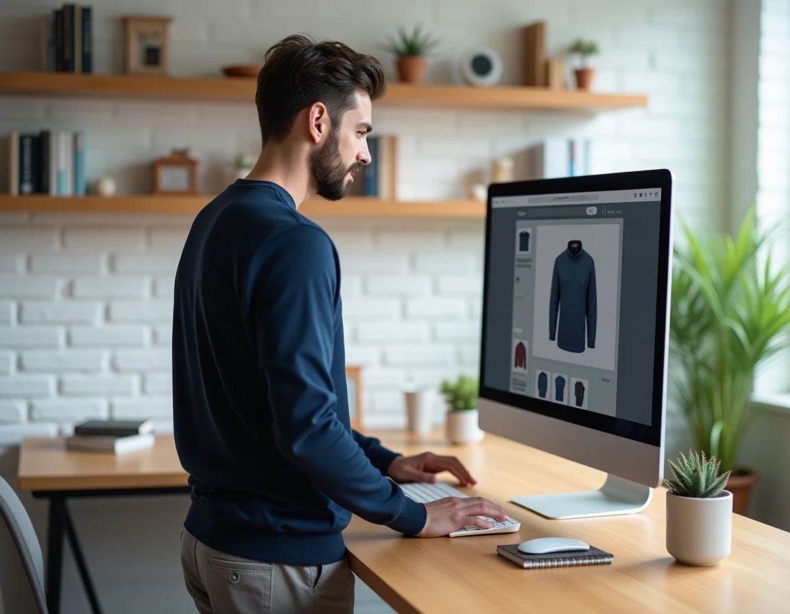 Homme naviguant sur un site de mode en ligne depuis son bureau à domicile