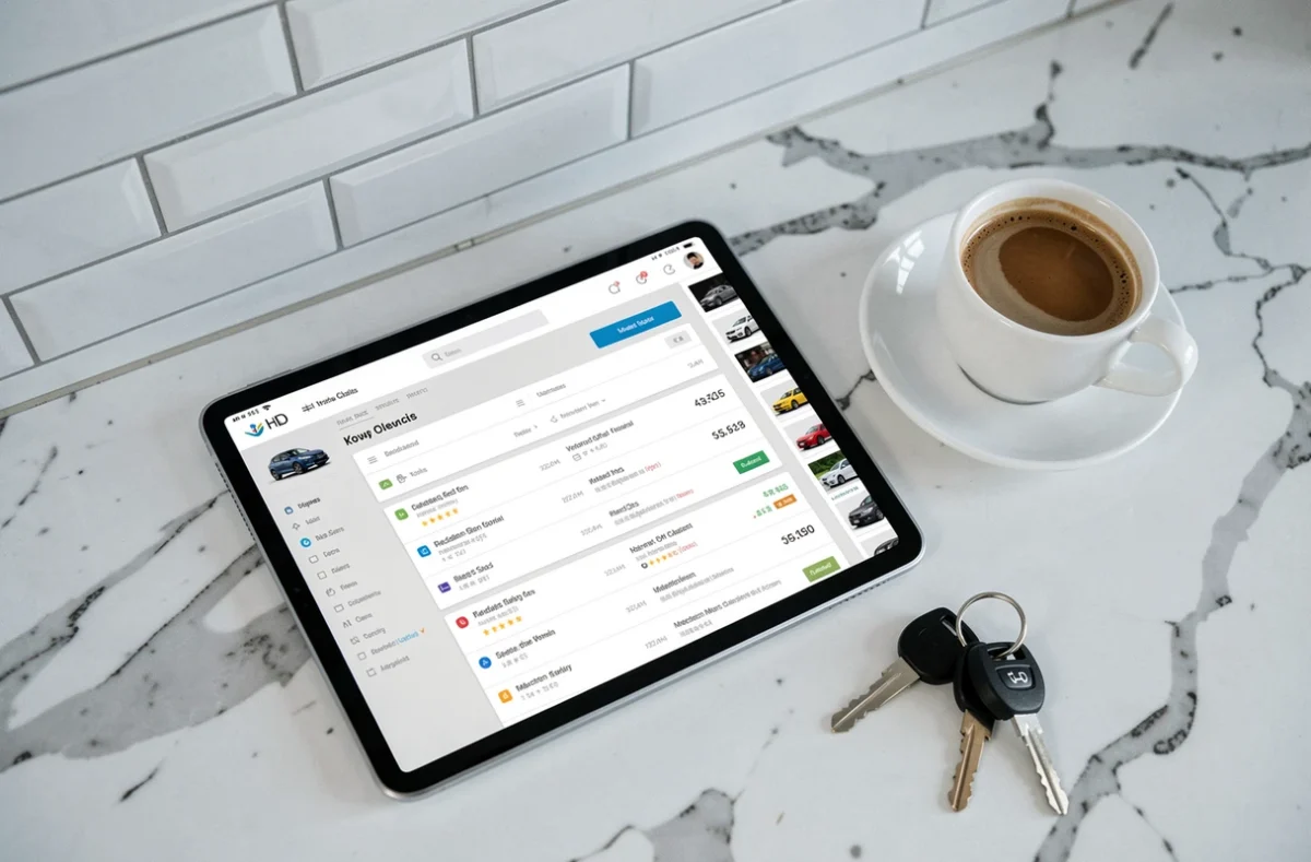 Tablette posée sur un comptoir de cuisine affichant le site Clic Auto avec des annonces de voitures et des filtres de recherche