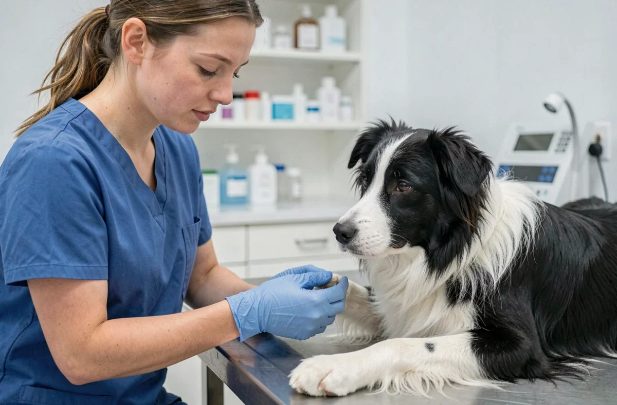 Vétérinaire examinant l'ergot d'un border collie sur une table de consultation